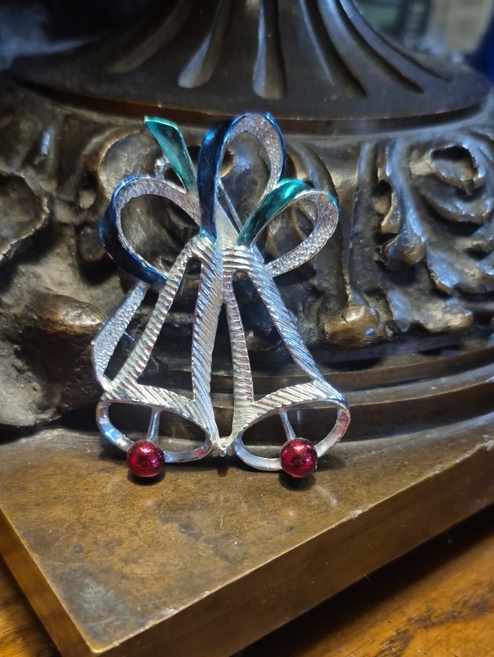 GERRY'S Vintage Silvertone Enamel Christmas BELLS Brooch Pin